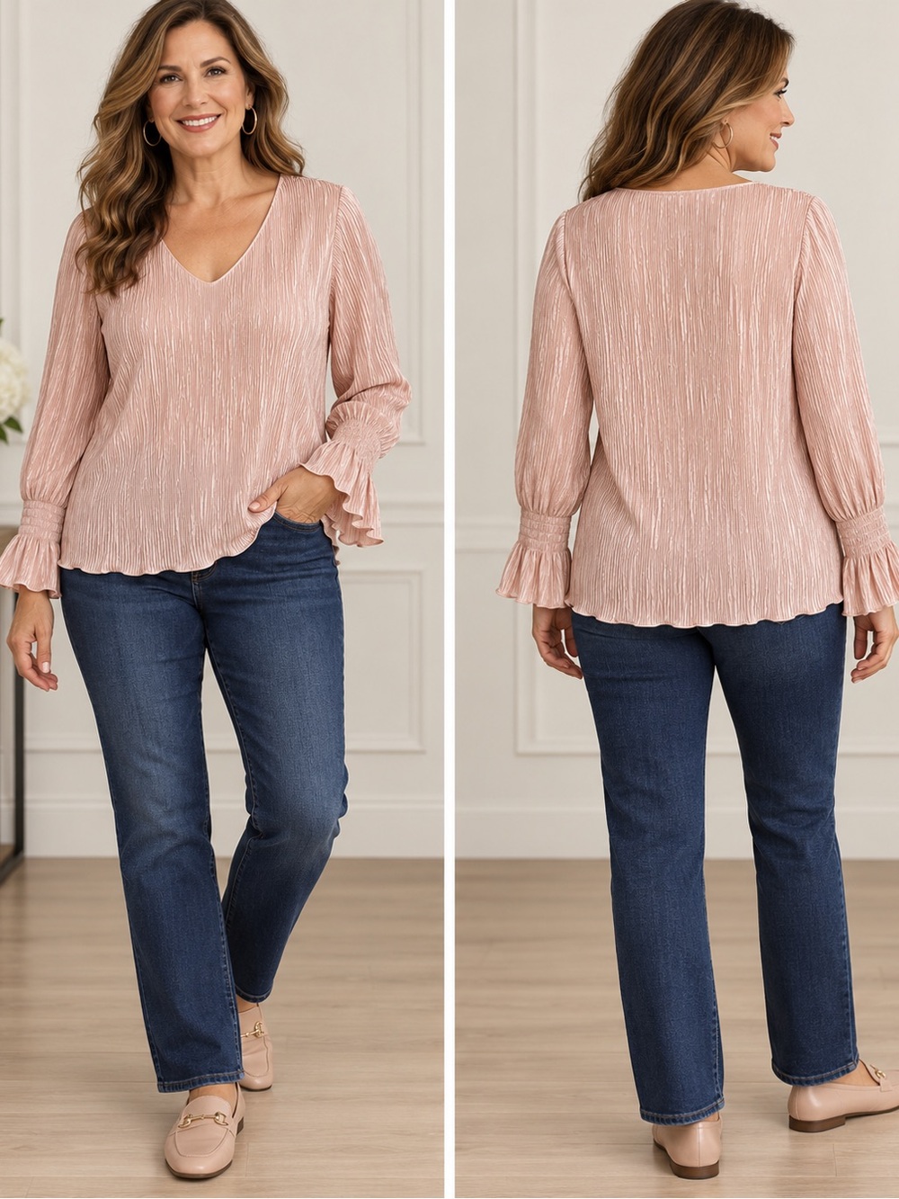 Chico’s Sz2 L Pink Shimmer Crinkle Pleated Blouse Bell Sleeve V Neck Lined Top